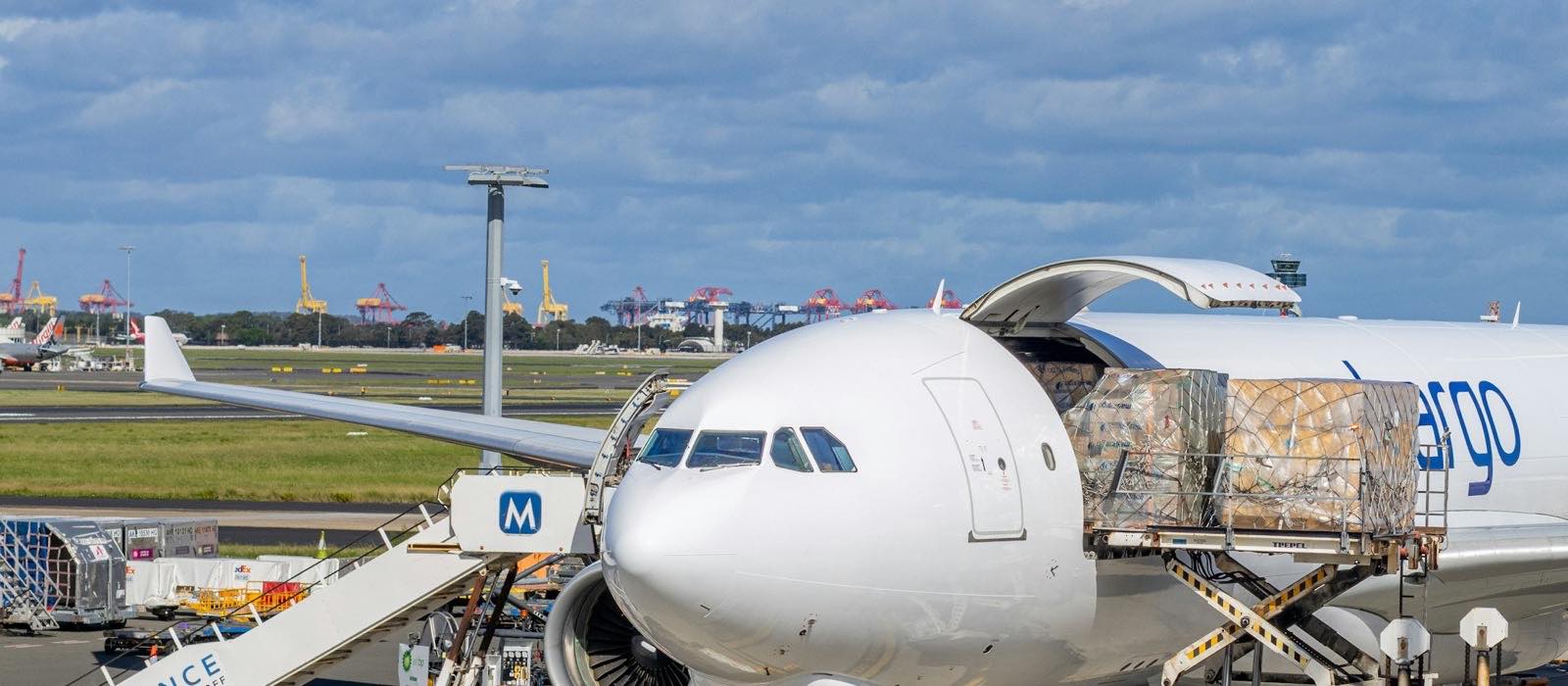 Netted freight pallets on a loader at the open side cargo door of a freighter aircraft